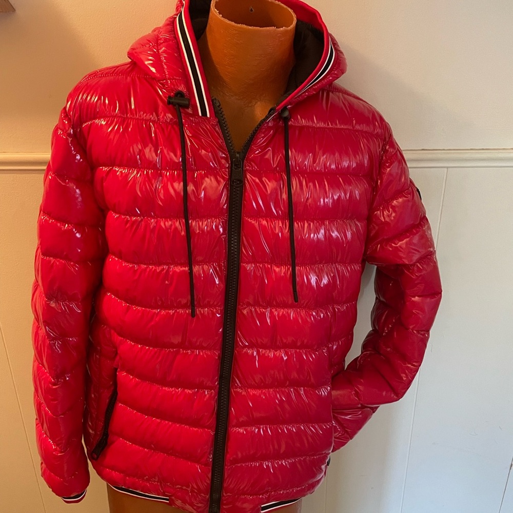 Calvin Klein Red Puffer Jacket with High Collar
